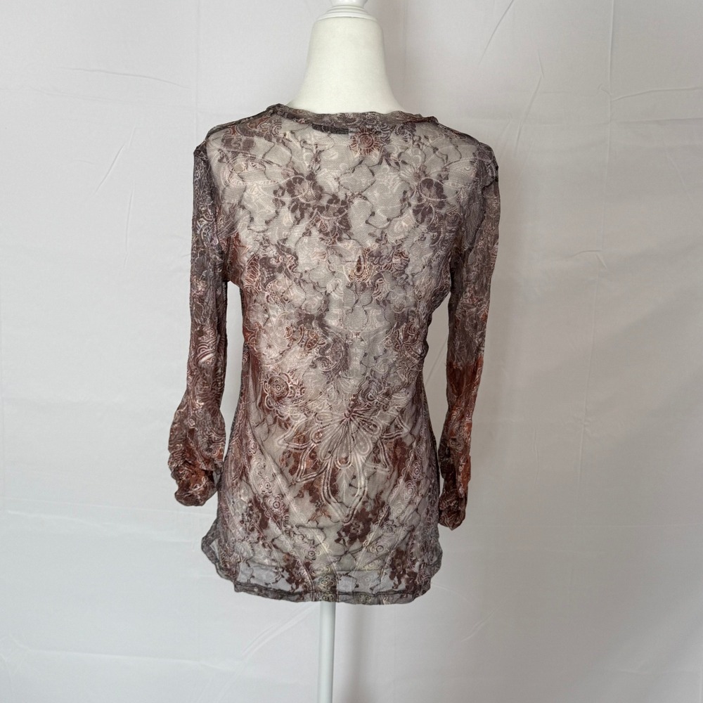 Boho Festival Western Womens Brown Paisley Mesh Rhinestone Long Sleeve Top Y2K M - Picture 2 of 9